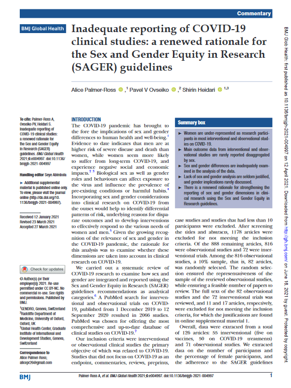 Inadequate reporting of COVID-19 clinical studies: a renewed rationale for the Sex and Gender Equity in Research (SAGER) guidelines